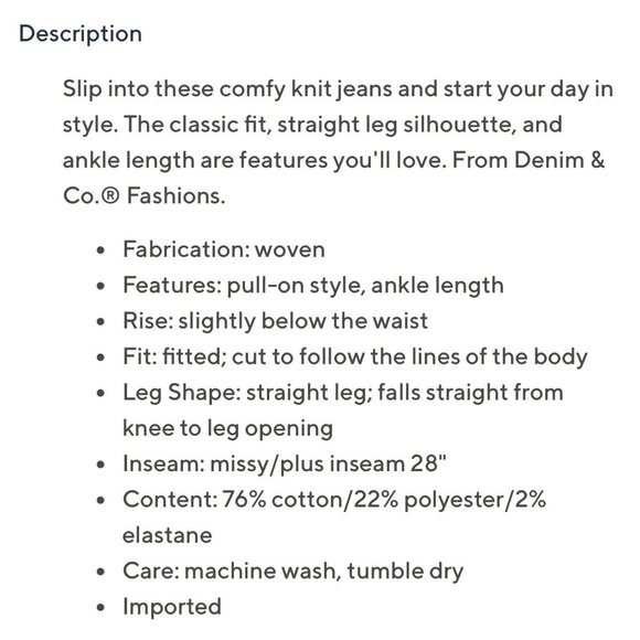 Denim & Co Comfy Knit Slim Straight Ankle Length Jeans Size 4X Aqua A596314 - Picture 2 of 3